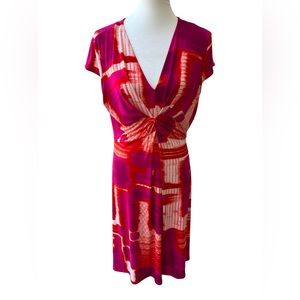 Natori Pink Orange Brushstroke Print Twist Front Sheath Dress Women’s Large New